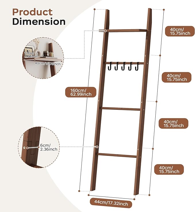 63" Bamboo Blanket Ladder with Shelf and 5 Hooks, 4 Tier Leaning Blanket Rack, Farmhouse Towel Ladder Rack, Decorative Quilt 