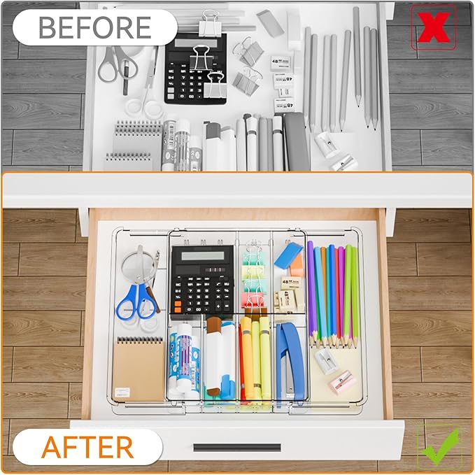 Yieach Expandable Desk Drawer Organizer Tray,1.8 Inch High Junk Drawer Organizer for Kitchen,Clear Shallow Office Drawer Orga