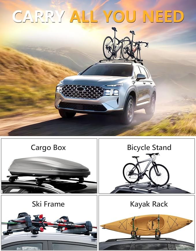 Tuyoung Roof Rack Cross Bars Compatible with 2019-2023 Hyundai Santa Fe & Santa Fe Hybrid, 220lbs Lockable Anti-Theft Aluminum Roof Rail Crossbars Luggage Carrier Kayak Bike Cargo Accessories