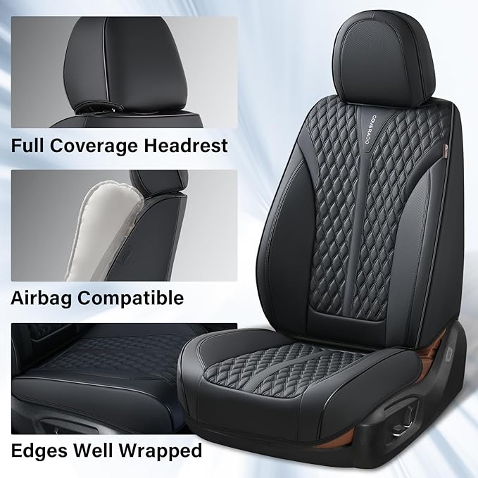 Coverado Car Seat Covers Full Set, 5 Seats Luxury Nappa Leather Seat Covers for Cars, Car Seat Cover Waterproof, Front and Ba