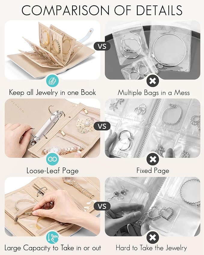 Vlando Travel Jewelry Organizer Case, Foldable Jewelry Bags Jewelry Storage Book Ring Binder with Clear Zipper Velvet Pouch B