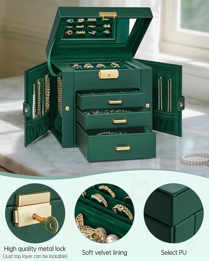 AKOZLIN 4-Tier Jewelry Box Leather Jewelry Storage Organizer with 3 Drawers Lockable for Women Girls Ring Necklace Earring Br