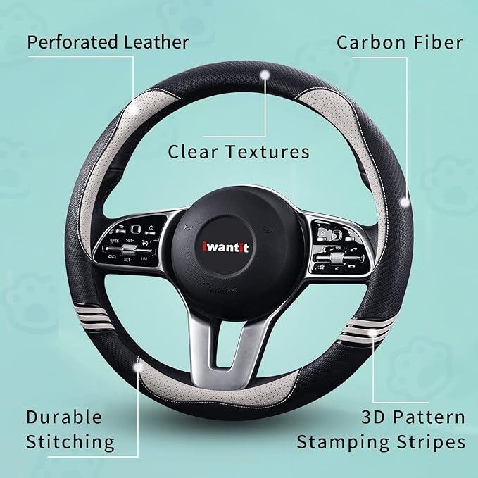 Iwantit® Cute Steering Wheel Cover for Women, Pu Leather with Anti-Slip Rubber Ring, Steering Wheel Protector for Men, Univer