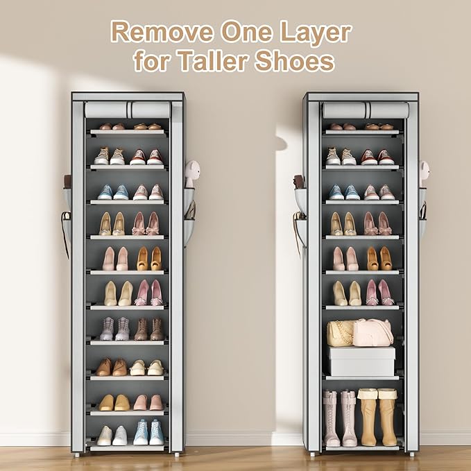ROJASOP Shoe Rack with Covers 10 Tier Large Shoe Organizer Tall Shoe Closet Storage for 20-22 Pairs Shoe and Boot, Free Stand