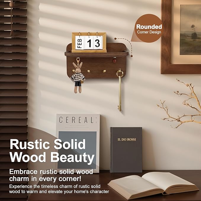 Key Holder Wall Mount, Solid Wood Key Holder for Wall with 4 Brass Hooks & Hidden Magnets, 15° Incline Hooks & Grooved Design