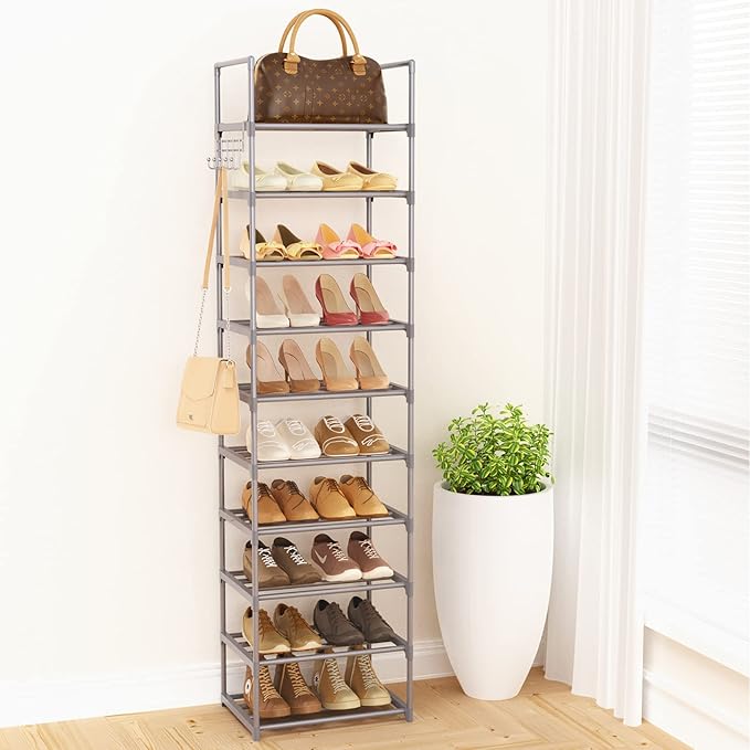 10 Tiers Tall Shoe Rack Narrow 20-24 Pairs Shoe Rack for Closet Entryway Vertical Metal Shoe Rack Organizer Shoe and Boots Or