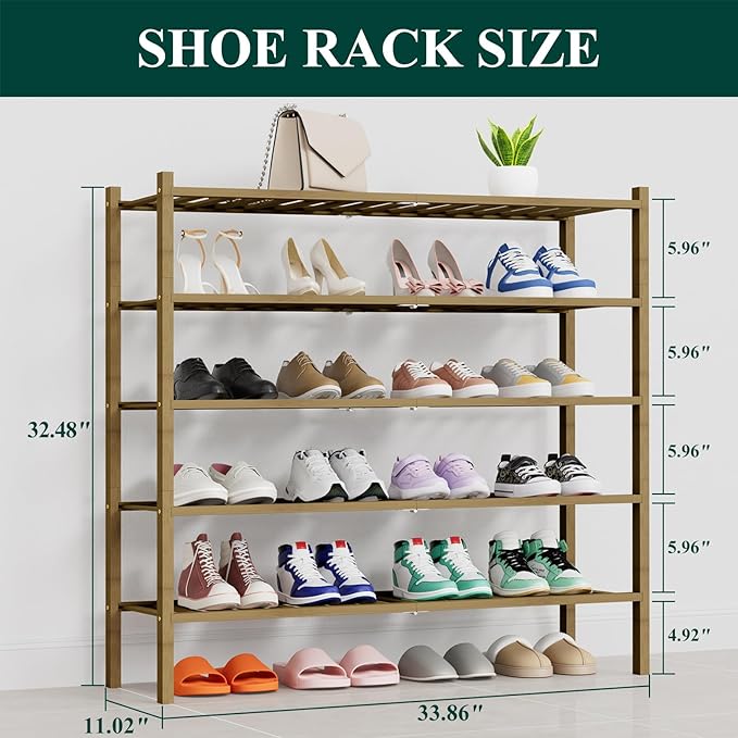 Smiry Shoe Rack, 5 Tier Thick Long Bamboo Shoe Organizer, Stackable Free Standing Wooden Shoe Storage Shelf for Closet, Entry