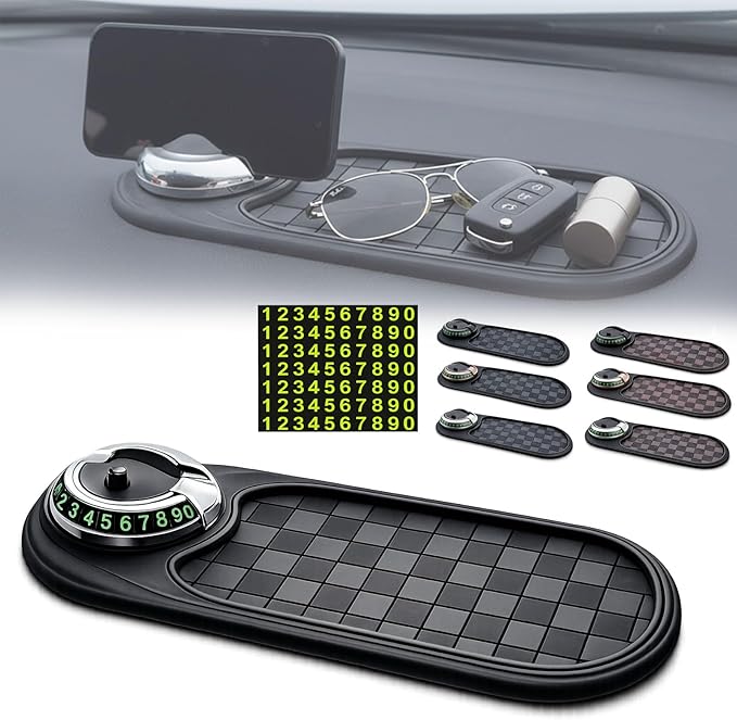 4-in-1 Multi-Functional Support Anti-Slip Pad, 360° Rotating Car Phone Holder Pad with Temporary Parking Number Plate, All-in