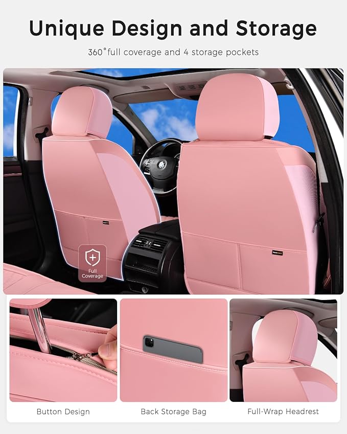 Huidasource Pink Front Seat Covers, Nappa Leather Front Car Seat Covers, Side Elastic Fabric, Compatible with Airbags, Seat B