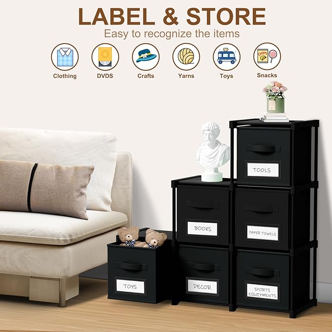 Geelin 6 Cube Storage Organizer with Fabric Bins and Labels 11 Inch, Fabric Collapsible Cubby Clothes Storage Drawer Dresser 