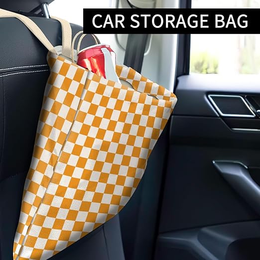 Car Trash Can, Cute Car Trash Bag, Hanging Car Organizer and Storage Bag, Trash Bin for Car Accessories, Vehicle, Travelling, Camping Cute Orange Checkerboard