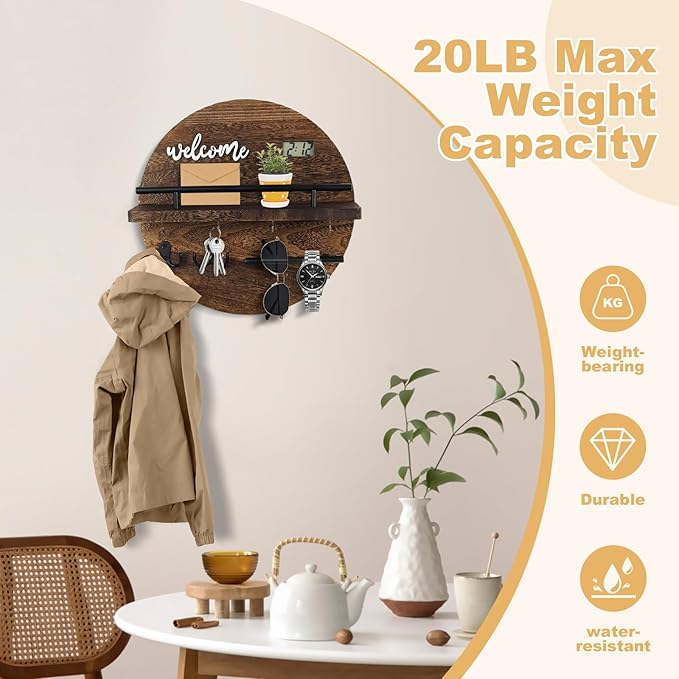 Key Holder for Wall, Key and Mail Holder Organizer with - Key Holder Wall Mount - Round Wooden Rustic Home Decor for Entryway