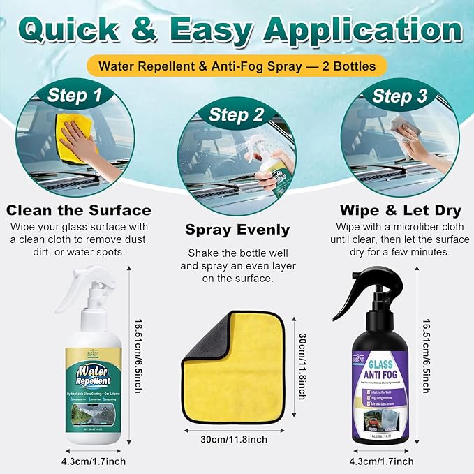 Anti-Fog and Rain-Repellent Spray Kit – Fast-Acting Defogger and Waterproof Spray for Clear Vision, Easy Spray for Car Windsh