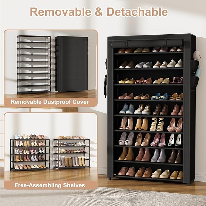 VILICK Shoe Rack with Cover Narrow Shoe Organizer with Pockets 10 Tier Tall Shoe Storage Holds 36-41 Pairs Shoes and Boots Sh