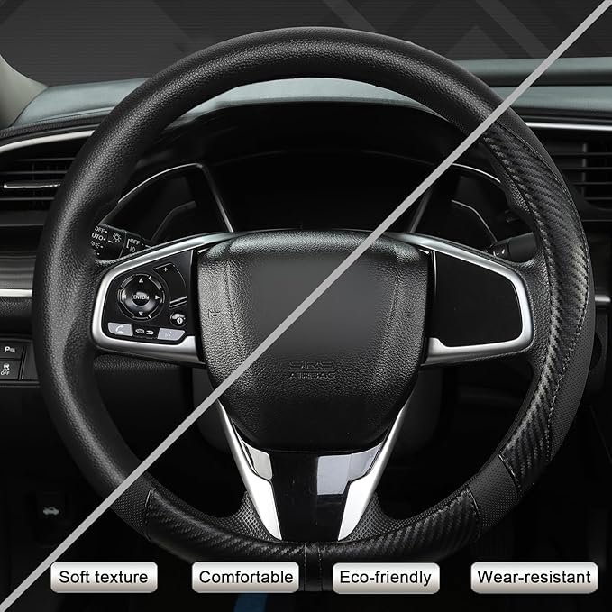 West Llama Carbon Fiber Car Steering Wheel Cover for Honda,Anti-Slip, Full Surround Breathable Leather Auto Protector(Black o