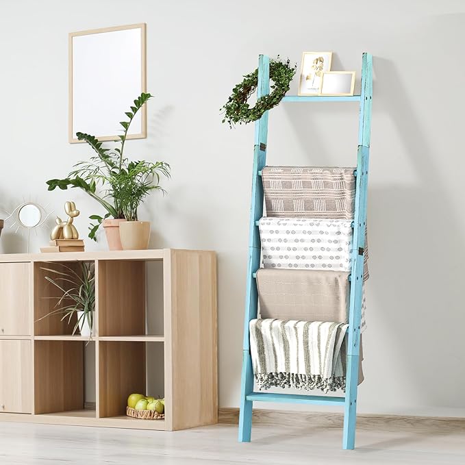 Honest Blanket Ladders for The Living Room, 6-Tier Blanket Holder, Wall-Leaning Blanket Rack, Ladder Shelves, Wooden Quilt La