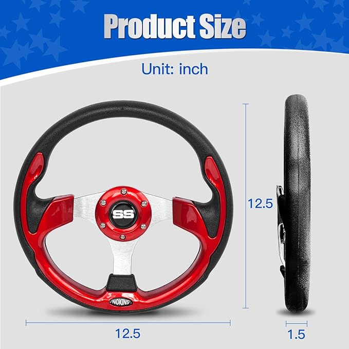 NOKINS 12.5" Universal Golf Cart Steering Wheel, Fit EZGO TXT/RXV/Club Car DS/Precedent/Yamaha, Most Golf Carts (Red)
