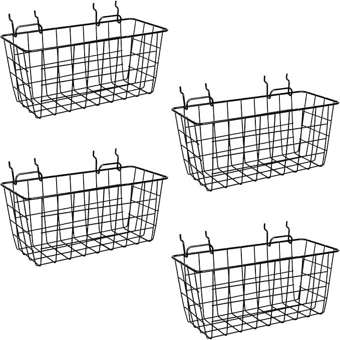 4 Pack Pegboard Baskets, Black Metal Shelves Hooks to 1/8" and 1/4" Hole Peg Boards, Peg Board Baskets Bins Set - Organize To