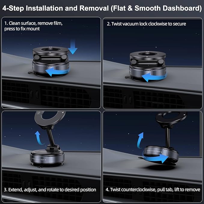 Vacuum Magnetic Car Phone Holder for Magsafe, Hands-Free 360° Adjustable Suction Cup Phone Mount for Car/Gym/Mirror/Smooth Surface, Compatible with iPhone & Android (Black)