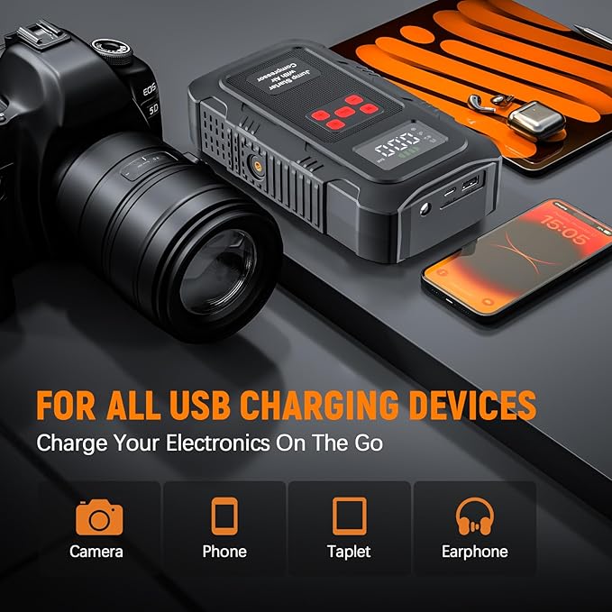 6000A Jump Starter with Air Compressor Portable Car Battery Jump Starter with 150 PSI Tire Inflator for Up to 10.0L Gas and