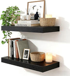 23.6 inch Black Floating Shelves Set of 2, Solid Wood Wall Mounted Shelves, Heavy Duty Display Storage Shelves for Bedroom, L