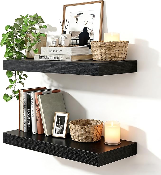 23.6 inch Black Floating Shelves Set of 2, Solid Wood Wall Mounted Shelves, Heavy Duty Display Storage Shelves for Bedroom, L