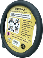 Steering Wheel Cover, Black, Real Genuine Leather, Small, 14 inch, for Men and Women, Universal, Stretch On, Heat Resistant, Stays Cool, Non-Slip, HANWOLF