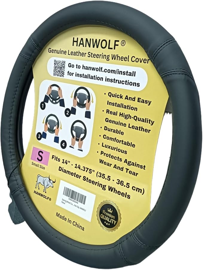 Steering Wheel Cover, Black, Real Genuine Leather, Small, 14 inch, for Men and Women, Universal, Stretch On, Heat Resistant, Stays Cool, Non-Slip, HANWOLF
