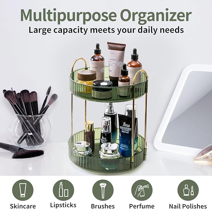 Asayuee 360 Rotating Makeup Organizer for Vanity,2 Tier Large Capacity Skincare Organizers,Bathroom Counter Organizer, Spinni