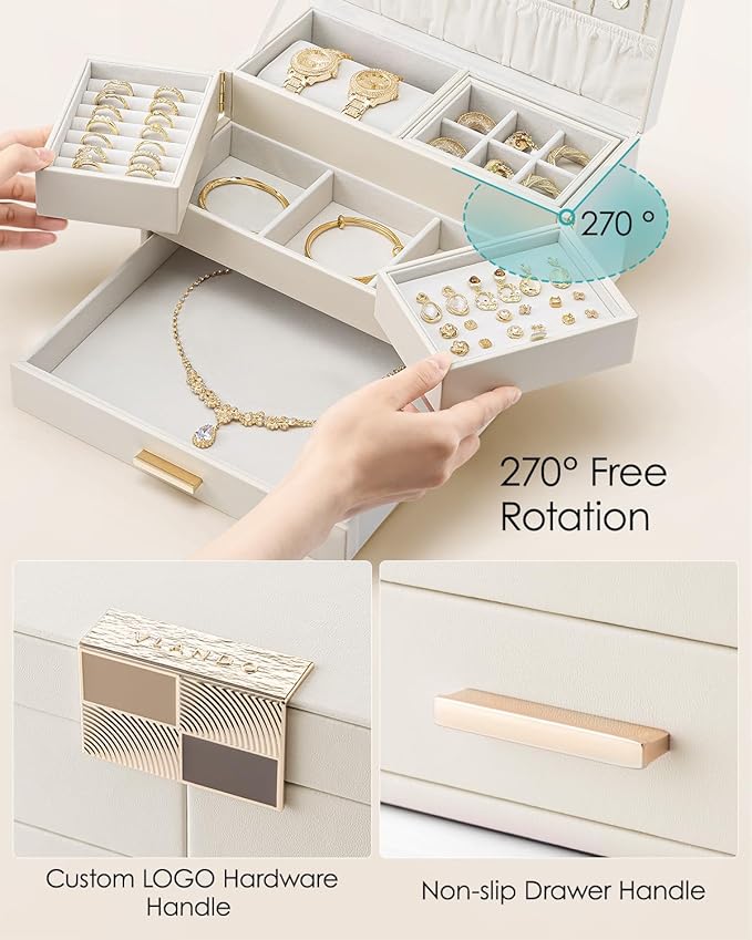 VLANDO 3 Layer Jewelry Box - Women Jewelry Box with Retractable Tray - Jewelry Organizers with Drawer for Necklaces, Rings, B