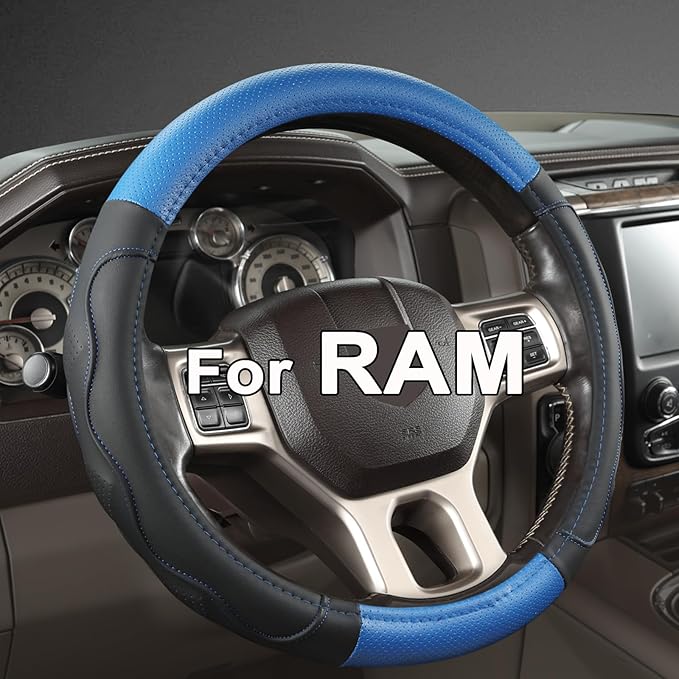 West Llama Customized Auto Car Steering Wheel Cover with 3D Texture for Dodge RAM 1500 2500 3500, 15.5-16 inch (Black+Blue-La
