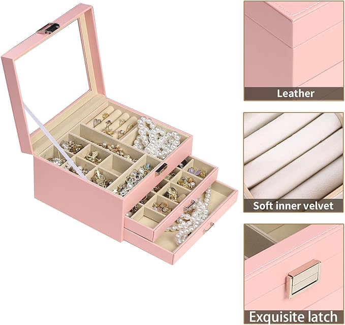 BOOVO Clear Lid Jewelry Box,3 Layers Jewelry Organizer Large Multi-Functional Jewelry Storage Box with 2 Drawers,Jewelry Disp