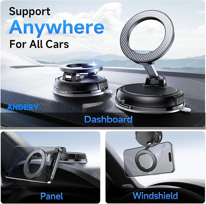 ANDERY Car Phone Holder for Magsafe [78+LBS Strongest Suction & 2400gf Strongest Magnetic] 360° Adjustable Car Phone Mount, Phone Holders for Your Car for iPhone 17-12 Pro Max Air Plus (Carbon Fiber)