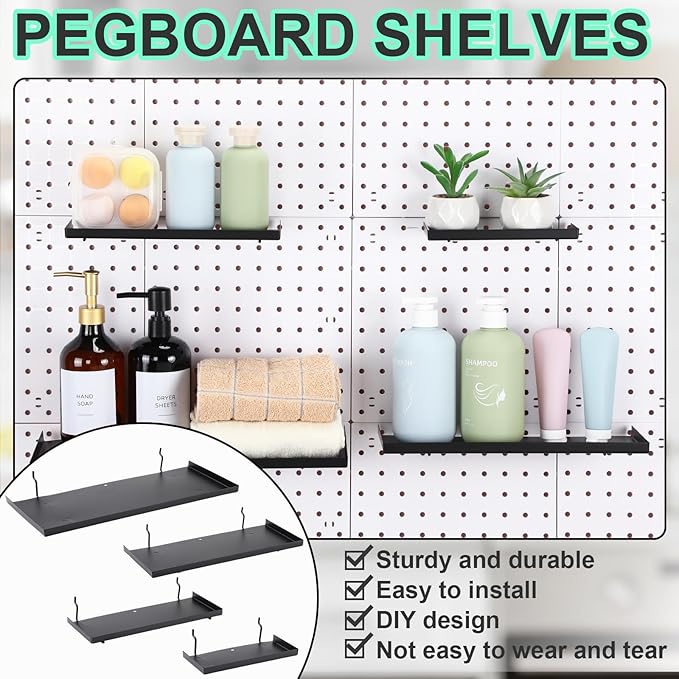 Lineshading 4 Pcs Pegboard Shelves, 7X 3'', 10 x 4'', 12 x 5 Inch, 14 x 6 Inch Metal Shelf Brackets Pegboard Tray Accessories