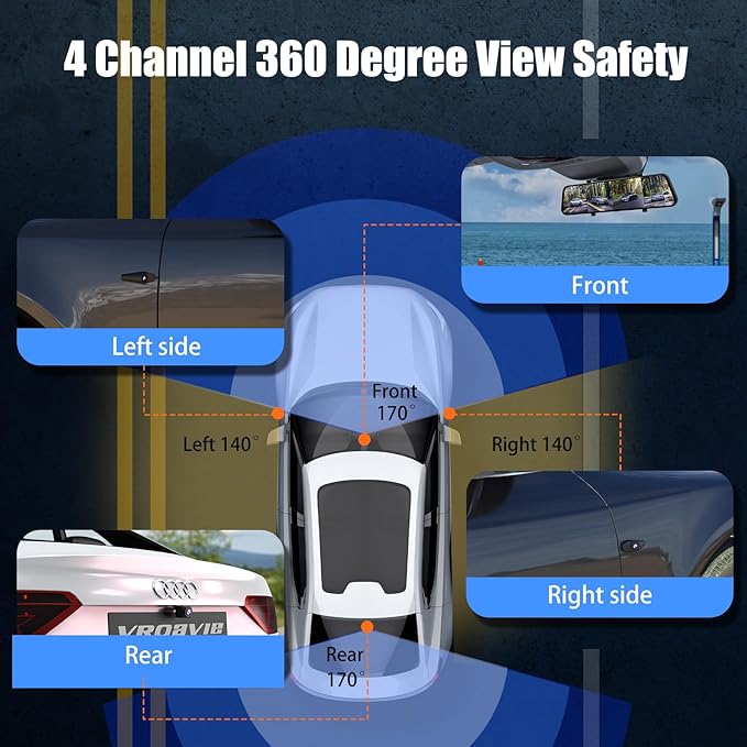 360 Degree View 4 Channel Mirror Dash Cam Detached Camera for Cars，Dash Cam Front and Rear Side(Left,Right),12'' Rear View Mi