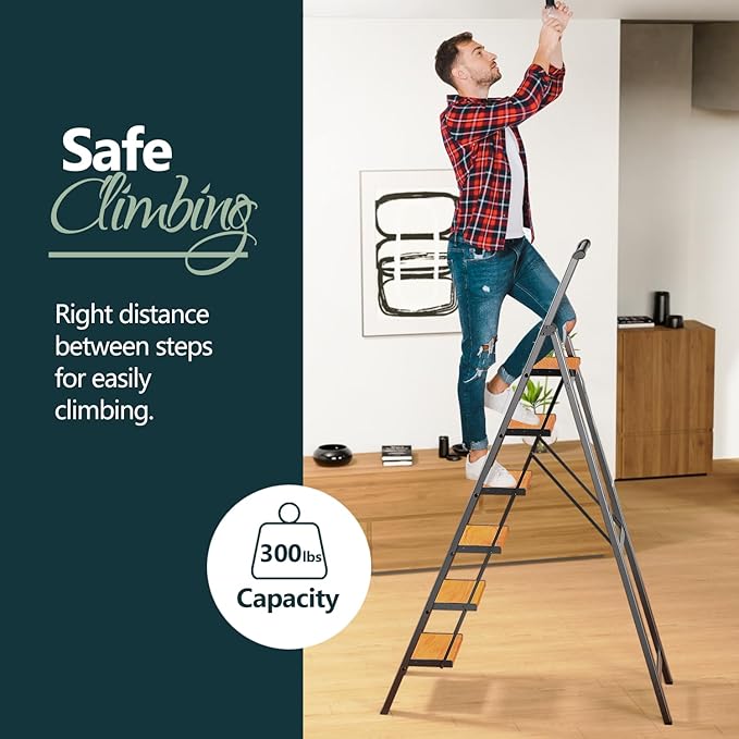 WOA WOA Step Ladder 6 Step Folding, Foldable Tall Ladder with Handrail, Aluminum Stepladder for High Ceilings, Lightweight, D