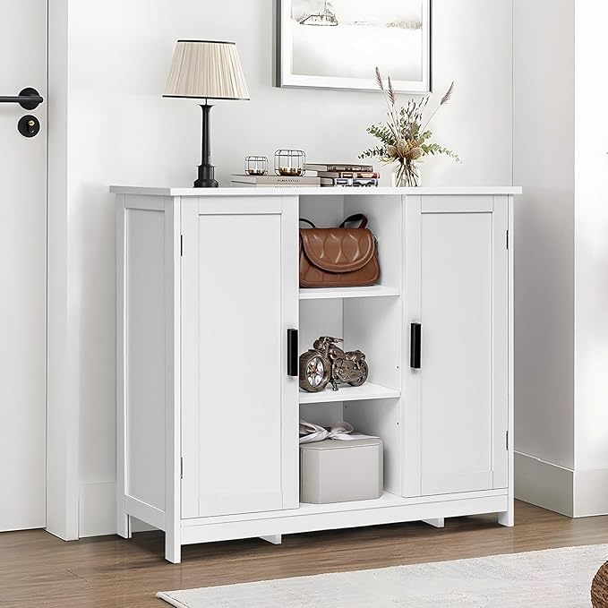 Iwell Storage Cabinet with 2 Doors and 4 Storage Shelves, Credenza Buffet Cabinet, Bathroom Cabinet for Living Room, Entryway