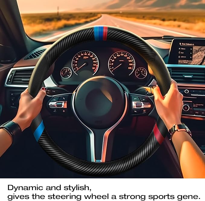 Carbon Fiber Steering Wheel Cover, Non-Slip and Sweat Absorbent, 15" Steering Wheel Covers for X5 X3 Men Women, Black