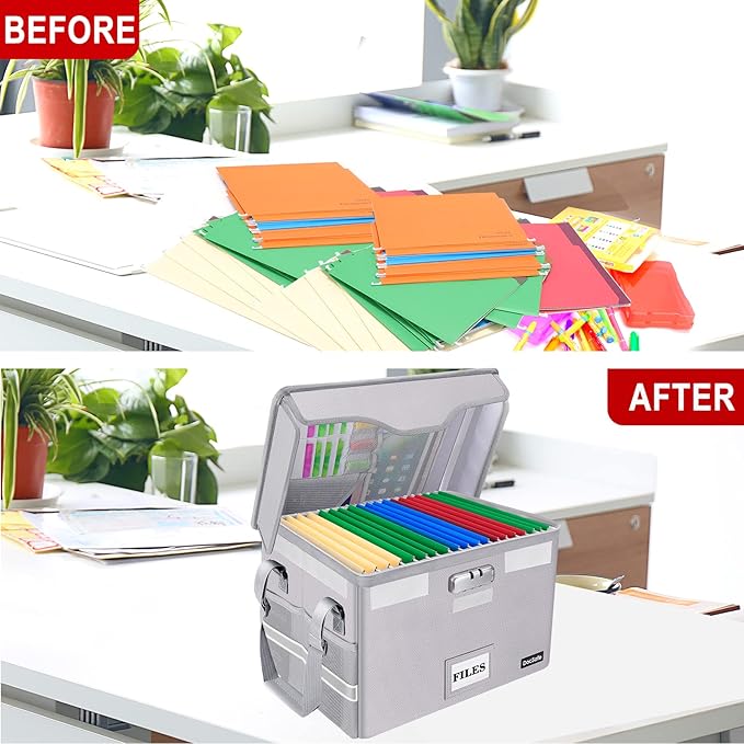DocSafe Fireproof Document Box with Lock,File Storage Organizer with Zipper Pockets,Collapsible Portable File Box Home Office