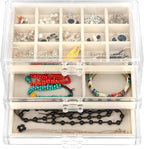 FEISCON Acrylic Jewelry Organizer Makeup Cosmetic Storage Organizer box Clear Jewelry Case with 3 Drawers Adjustable Jewelry 