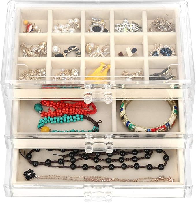 FEISCON Acrylic Jewelry Organizer Makeup Cosmetic Storage Organizer box Clear Jewelry Case with 3 Drawers Adjustable Jewelry 