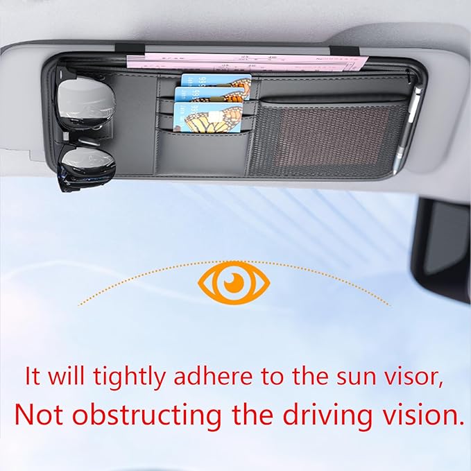 Large Car Visor Organizer Holder for Truck/SUV, Document Storage Pouch Holder with Multi-Pocket Net Zipper for Cards, License, Sunglasses, Pen, Key