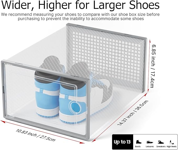 Kuject XX-Large Shoe Storage Boxes Organizers Clear Plastic Stackable 12 Pack, Shoe Rack & Holder Substitute, Sneaker Contain