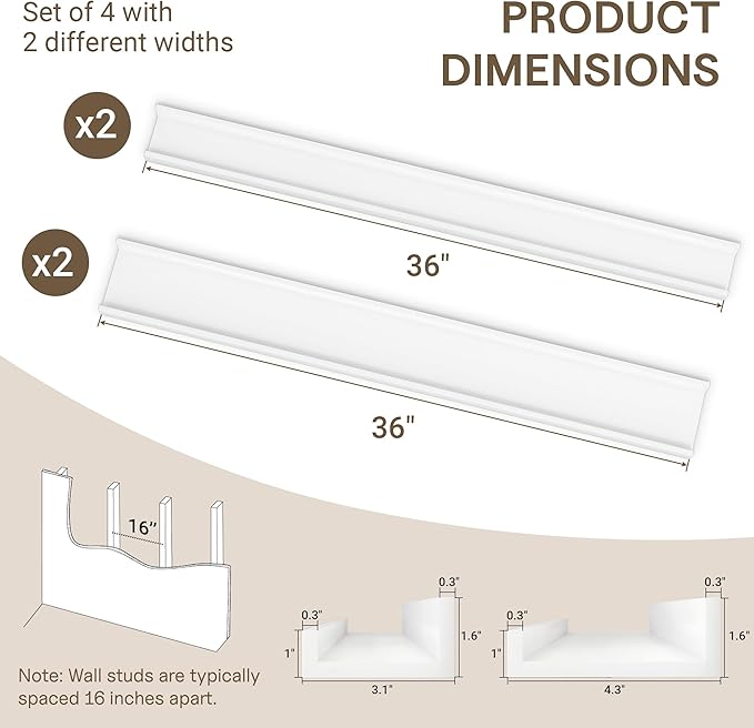 Fun Memories 36 Inch Floating Shelves for Wall - Wall Shelves with Lip Set of 4 - Nursery Bookshelf for Storage - Picture Led