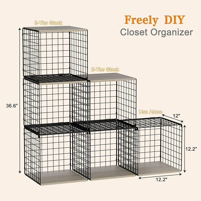 3PCS Stackable Closet Organizers and Storage, Shelves with Wood Top Extra Storage, Clothes Organizer Basket, Bin, or Tube for