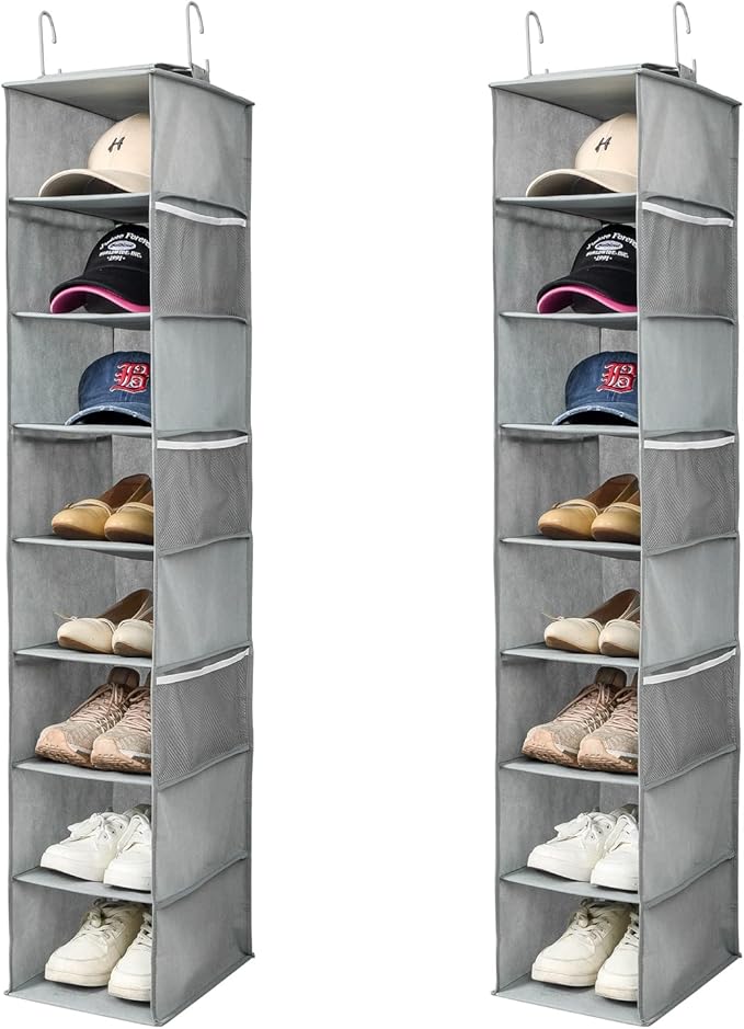 Berdeng Hanging Shoe Organizer for Closet with Side Mesh Pockets，Hat Racks for Baseball Caps，Shoe and Hat Holder & Storage，8-