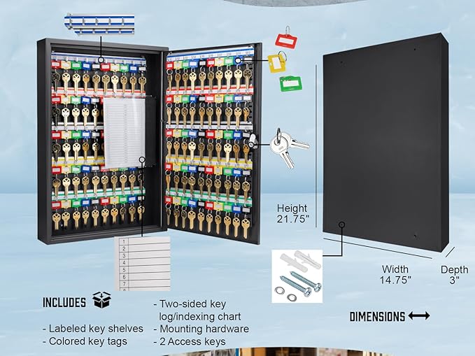 Barska 100-Position Key Lock Box – Solid Steel Key Cabinet with Adjustable Numbered Hooks, Key Log Sheet, Color Tags & Index 
