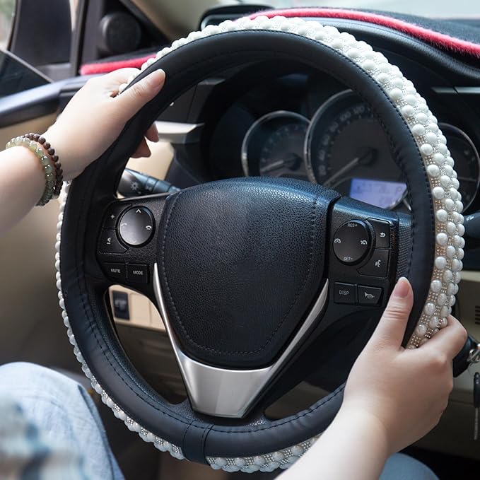 Leather Bling Steering Wheel Cover Women Rhinestone White Soft Comfortable Glitter Sparkly Universal 15 inch Steering Wheel C