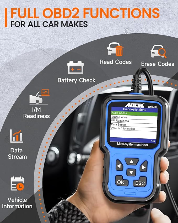 ANCEL BM500 OBD2 Scanner for BMW & MINI, Simplified Battery Registration, EPB, Oil, Throttle, PCM Resets, I/M Readiness, Full