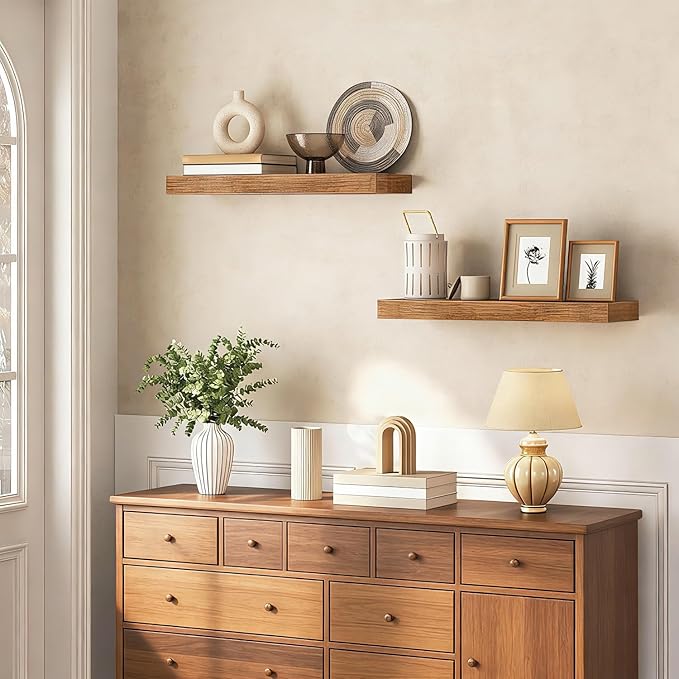 Solid Wood Floating Wall Shelves Set of 2, Pine Wood Wall Mounted Display Rack, Space Saving Farmhouse Style for Bedroom Bath